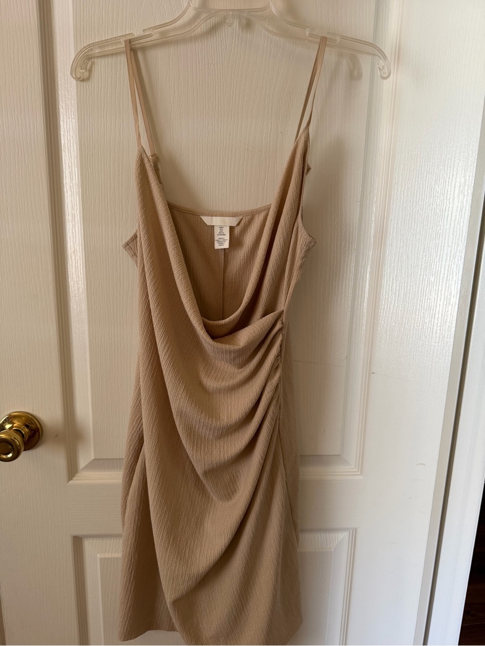 H&M Beige Cowl Neck Ruched Midi Dress Size Small Adjustable Straps